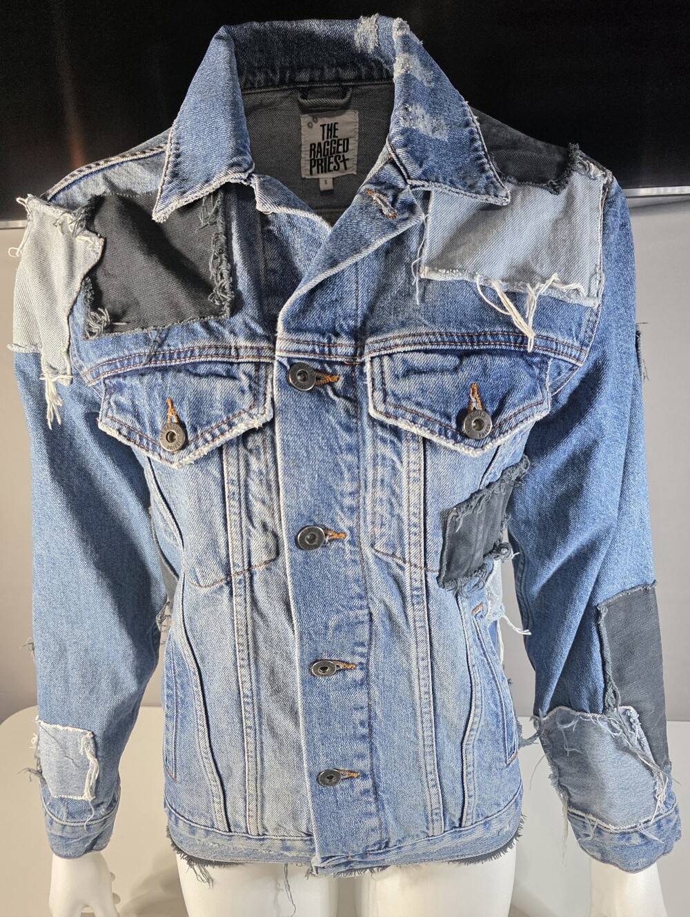 The Ragged Priest Patchwork Blue Distressed Denim Jacket Size Small